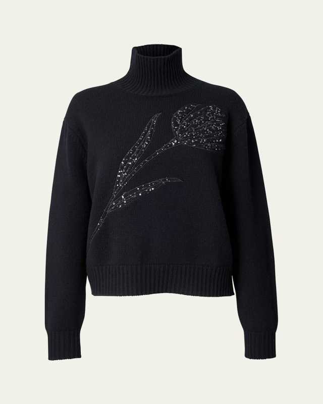 Turtleneck Paillette Rose Wool-Cashmere Sweat